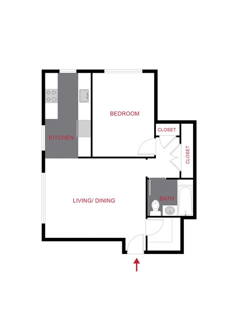 Floor plan for 1 bed, 1 bath, 615 sqft